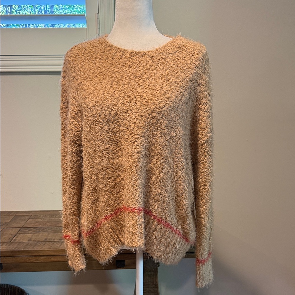 NWOT Splendid Textured Tan Cozy Oversized Sweater with Red Accents